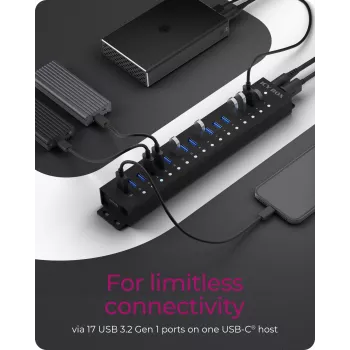 ICY BOX 17-Port Hub with USB 3.2 Gen 1 Type-A interface, USB 3.2 Gen 1 (3.1 Gen 1) Type-A, USB 3.2 Gen 1 (3.1 Gen 1) Type-A, USB Type-B, 5000 Mbit/s, Czarny, China, DC