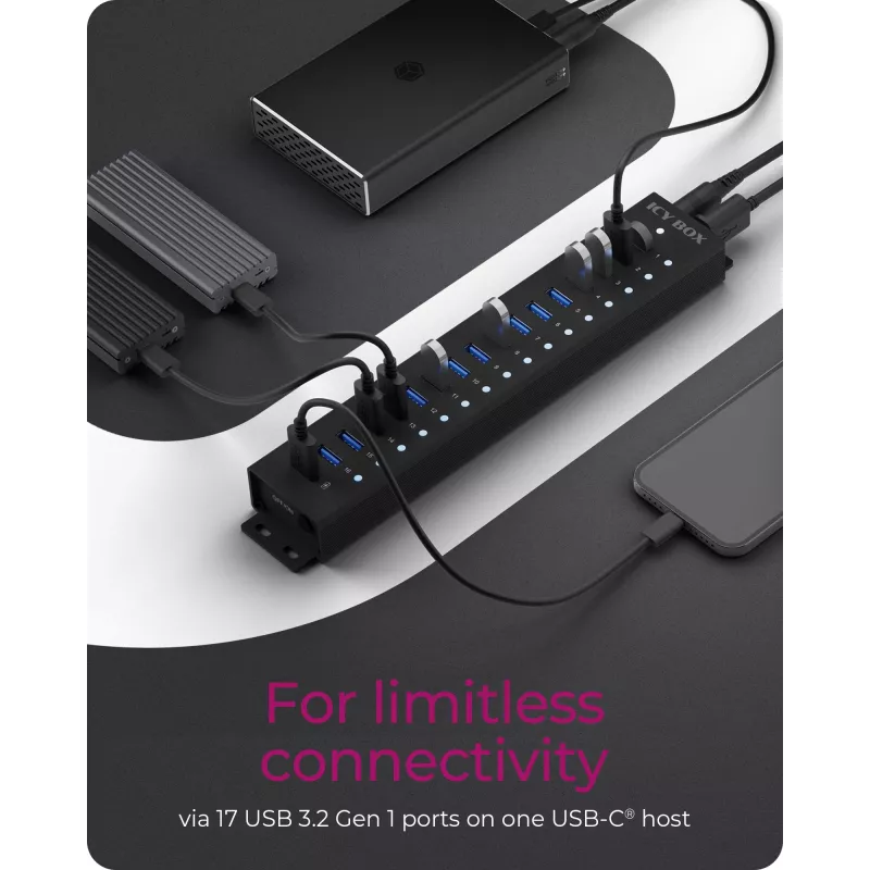 ICY BOX 17-Port Hub with USB 3.2 Gen 1 Type-A interface, USB 3.2 Gen 1 (3.1 Gen 1) Type-A, USB 3.2 Gen 1 (3.1 Gen 1) Type-A, USB Type-B, 5000 Mbit/s, Czarny, China, DC