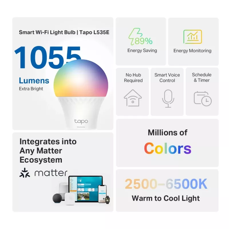 TP-Link Tapo Smart Light Bulb, Multicolor,Matter, Inteligentna żarówka, Wi-Fi/Bluetooth, Biały, 802.11b, 802.11g, Wi-Fi 4 (802.11n), WPA-PSK, WPA2-PSK, WPA3-SAE, LED