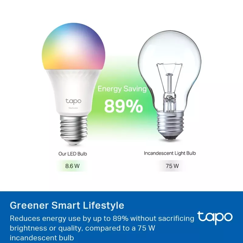 TP-Link Tapo Smart Light Bulb, Multicolor,Matter, Inteligentna żarówka, Wi-Fi/Bluetooth, Biały, 802.11b, 802.11g, Wi-Fi 4 (802.11n), WPA-PSK, WPA2-PSK, WPA3-SAE, LED