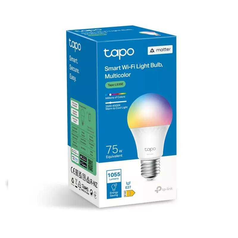 TP-Link Tapo Smart Light Bulb, Multicolor,Matter, Inteligentna żarówka, Wi-Fi/Bluetooth, Biały, 802.11b, 802.11g, Wi-Fi 4 (802.11n), WPA-PSK, WPA2-PSK, WPA3-SAE, LED