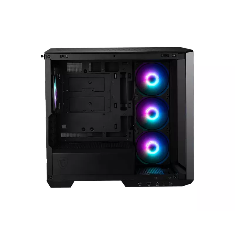Obudowa PC MSI MAG PANO M100R PZ Micro Tower Czarna — microATX/ITX, boczne okno, wielokolorowe LED, GPU 39 cm, USB-C