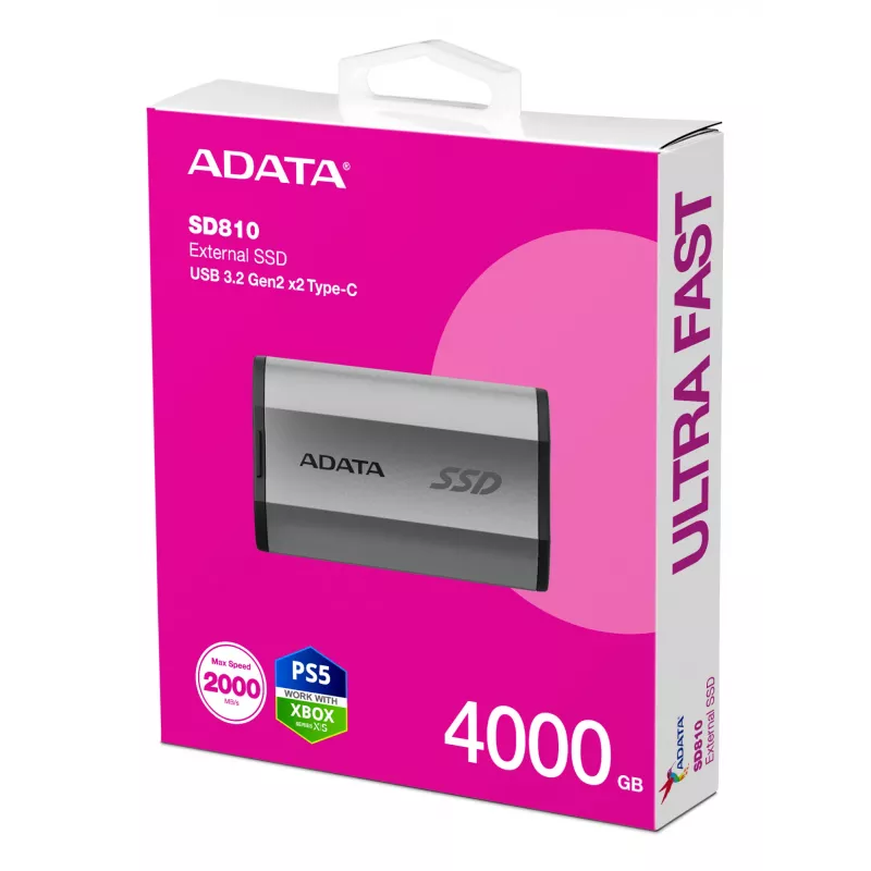 Przenośny dysk SSD ADATA SD810 4 TB, USB Type-C, USB 3.2 Gen 2x2, odczyt/zapis 2000 MB/s, obudowa aluminiowa IP68