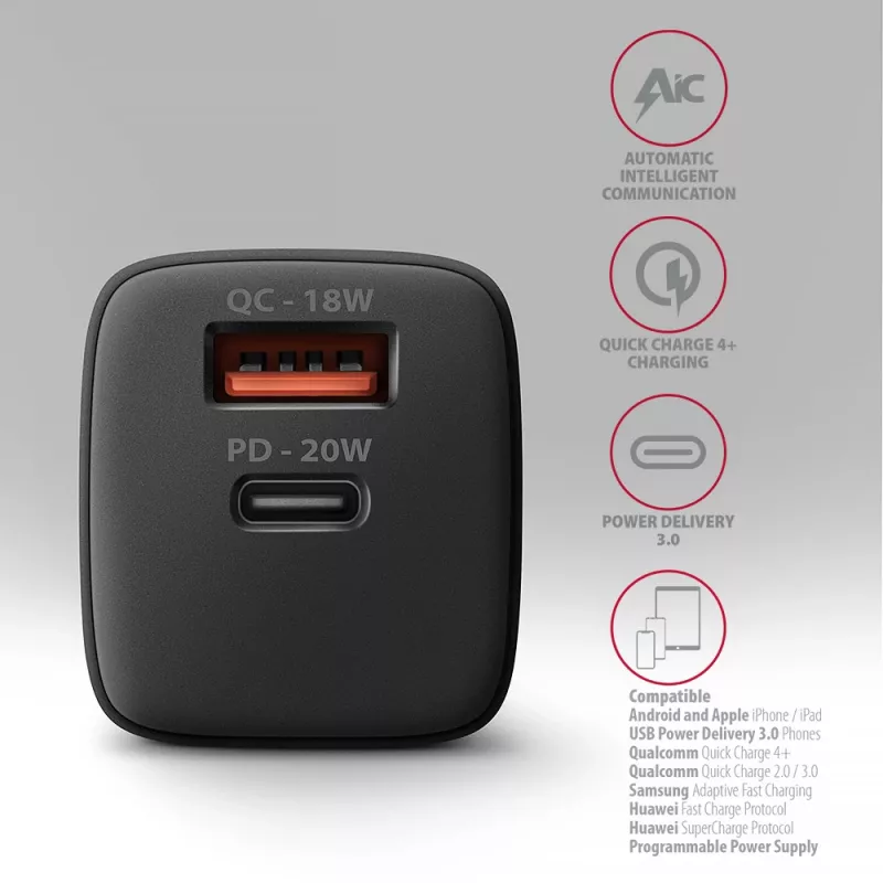 Ładowarka sieciowa Axagon ACU-PQ20 QC3.0 PD Type-C 20W Czarna