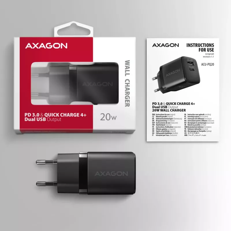 Ładowarka sieciowa Axagon ACU-PQ20 QC3.0 PD Type-C 20W Czarna