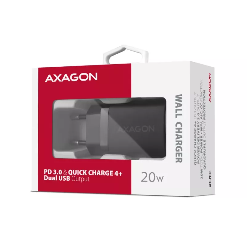 Ładowarka sieciowa Axagon ACU-PQ20 QC3.0 PD Type-C 20W Czarna
