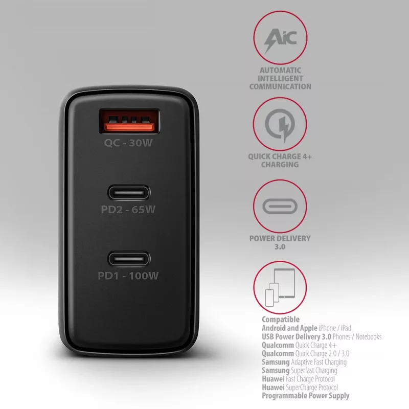 Axagon ACU-DPQ100 PD3.0 & QC 4+ THREE OUTPUTS ładowarka ścienna 100W