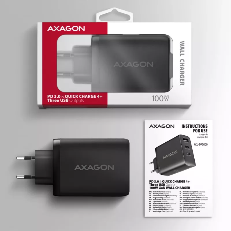 Axagon ACU-DPQ100 PD3.0 & QC 4+ THREE OUTPUTS ładowarka ścienna 100W