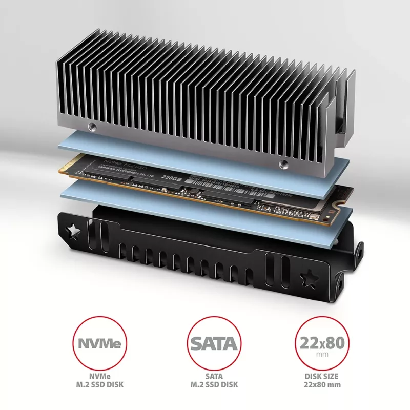 Axagon CLR-M2XT Aluminiowy pasywny radiator dla jednostronnych i dwustronnych dysków M.2 SSD rozmiar 2280, wysokość 24 mm