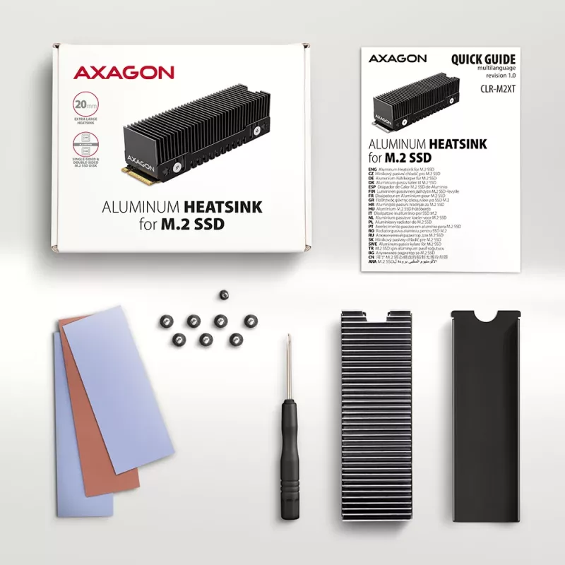 Axagon CLR-M2XT Aluminiowy pasywny radiator dla jednostronnych i dwustronnych dysków M.2 SSD rozmiar 2280, wysokość 24 mm