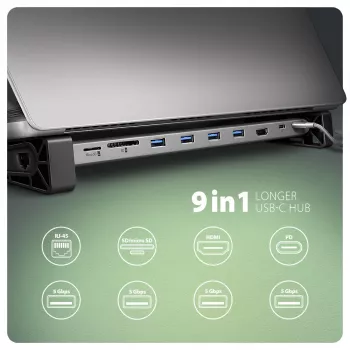 Axagon HMC-10HLS, hub USB 5Gbps, 4x USB-A, HDMI 4k/60Hz, RJ-45, SD/microSD, PD 100W