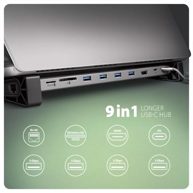 Axagon HMC-10HLS, hub USB 5Gbps, 4x USB-A, HDMI 4k/60Hz, RJ-45, SD/microSD, PD 100W
