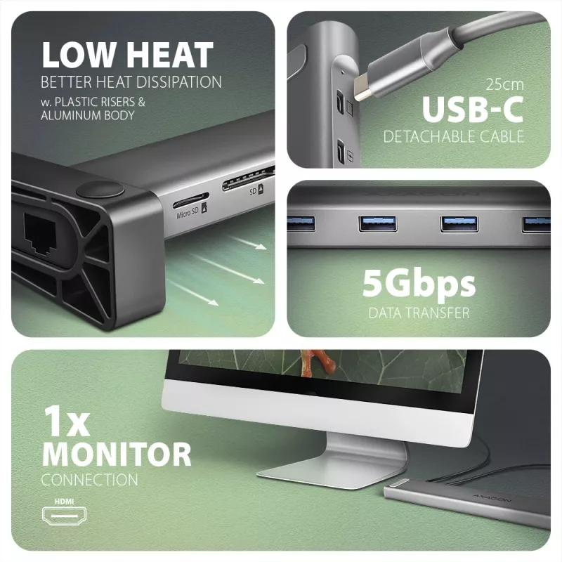 Axagon HMC-10HLS, hub USB 5Gbps, 4x USB-A, HDMI 4k/60Hz, RJ-45, SD/microSD, PD 100W