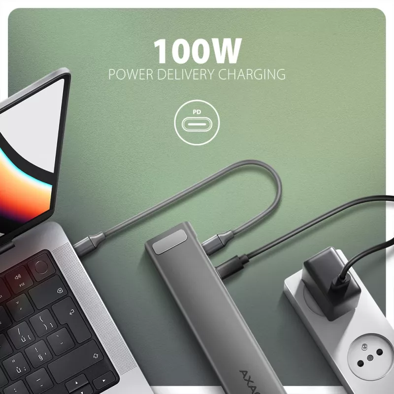 Axagon HMC-10HLS, hub USB 5Gbps, 4x USB-A, HDMI 4k/60Hz, RJ-45, SD/microSD, PD 100W