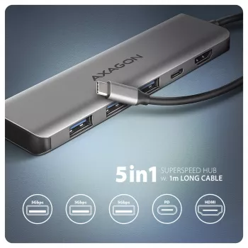 Axagon HMC-5H hub USB 5Gb/s, 3x USB-A, HDMI 4K/30Hz, PD 100W, kabel USB-C 100cm