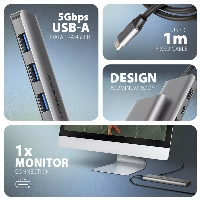 Axagon HMC-5H hub USB 5Gb/s, 3x USB-A, HDMI 4K/30Hz, PD 100W, kabel USB-C 100cm