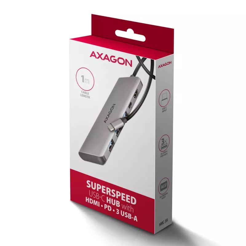 Axagon HMC-5H hub USB 5Gb/s, 3x USB-A, HDMI 4K/30Hz, PD 100W, kabel USB-C 100cm