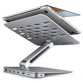 Axagon HMC-STND Wieloportowy hub USB-C 5 Gb/s i aluminiowa podstawka pod laptopa. HDMI 4K/60 Hz, GLAN, PD i 3 porty USB-A. Kabel USB-C 60 cm.