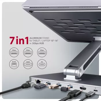 Axagon HMC-STND Wieloportowy hub USB-C 5 Gb/s i aluminiowa podstawka pod laptopa. HDMI 4K/60 Hz, GLAN, PD i 3 porty USB-A. Kabel USB-C 60 cm.