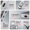 Axagon HMC-STND Wieloportowy hub USB-C 5 Gb/s i aluminiowa podstawka pod laptopa. HDMI 4K/60 Hz, GLAN, PD i 3 porty USB-A. Kabel USB-C 60 cm.