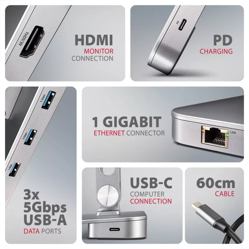 Axagon HMC-STND Wieloportowy hub USB-C 5 Gb/s i aluminiowa podstawka pod laptopa. HDMI 4K/60 Hz, GLAN, PD i 3 porty USB-A. Kabel USB-C 60 cm.
