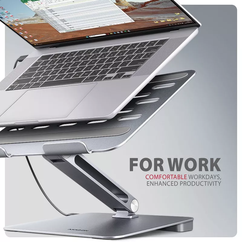 Axagon HMC-STND Wieloportowy hub USB-C 5 Gb/s i aluminiowa podstawka pod laptopa. HDMI 4K/60 Hz, GLAN, PD i 3 porty USB-A. Kabel USB-C 60 cm.