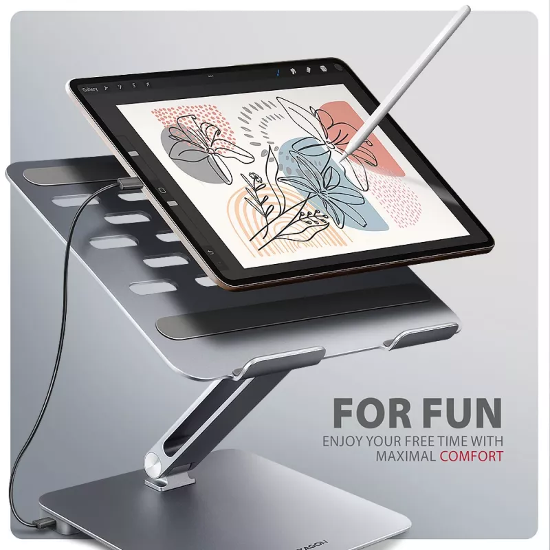 Axagon HMC-STND Wieloportowy hub USB-C 5 Gb/s i aluminiowa podstawka pod laptopa. HDMI 4K/60 Hz, GLAN, PD i 3 porty USB-A. Kabel USB-C 60 cm.