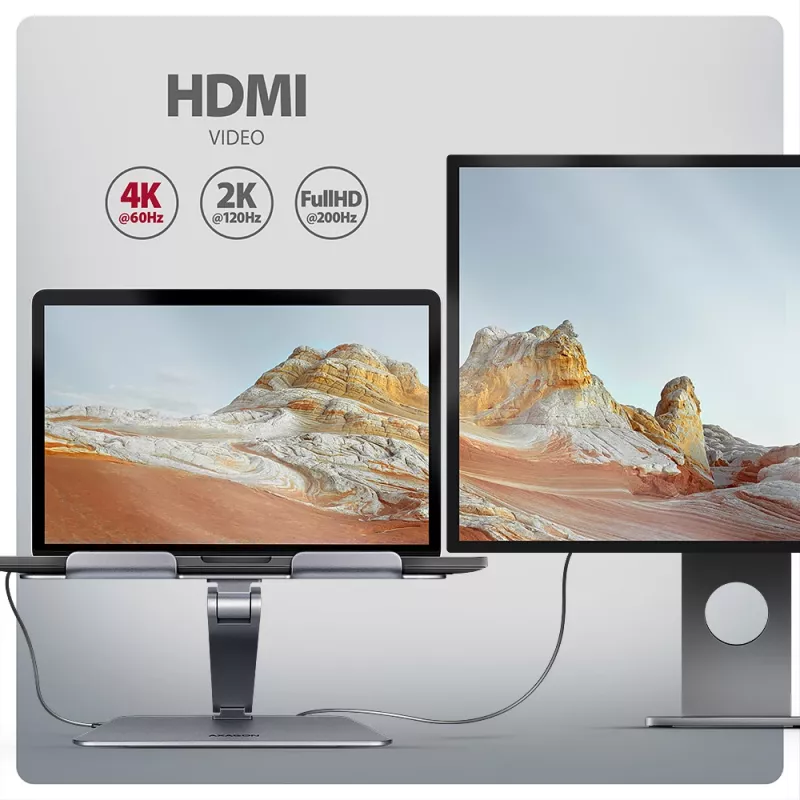 Axagon HMC-STND Wieloportowy hub USB-C 5 Gb/s i aluminiowa podstawka pod laptopa. HDMI 4K/60 Hz, GLAN, PD i 3 porty USB-A. Kabel USB-C 60 cm.