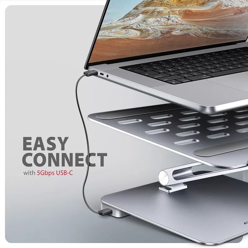 Axagon HMC-STND Wieloportowy hub USB-C 5 Gb/s i aluminiowa podstawka pod laptopa. HDMI 4K/60 Hz, GLAN, PD i 3 porty USB-A. Kabel USB-C 60 cm.