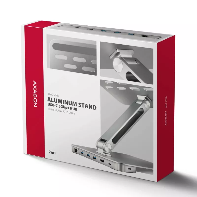 Axagon HMC-STND Wieloportowy hub USB-C 5 Gb/s i aluminiowa podstawka pod laptopa. HDMI 4K/60 Hz, GLAN, PD i 3 porty USB-A. Kabel USB-C 60 cm.
