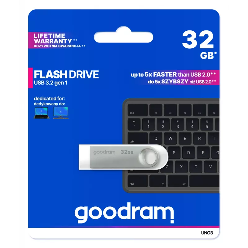 Pamięć USB GOODRAM UNO3-0320S0R11 32 GB, USB Type-A, USB 3.2 Gen 1, srebrna, bez nasadki, metalowa
