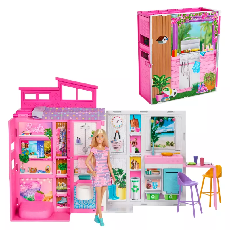 Barbie Getaway Domek dla lalek z lalką, 4 strefy zabawy i 11 akcesoriów dekoracyjnych