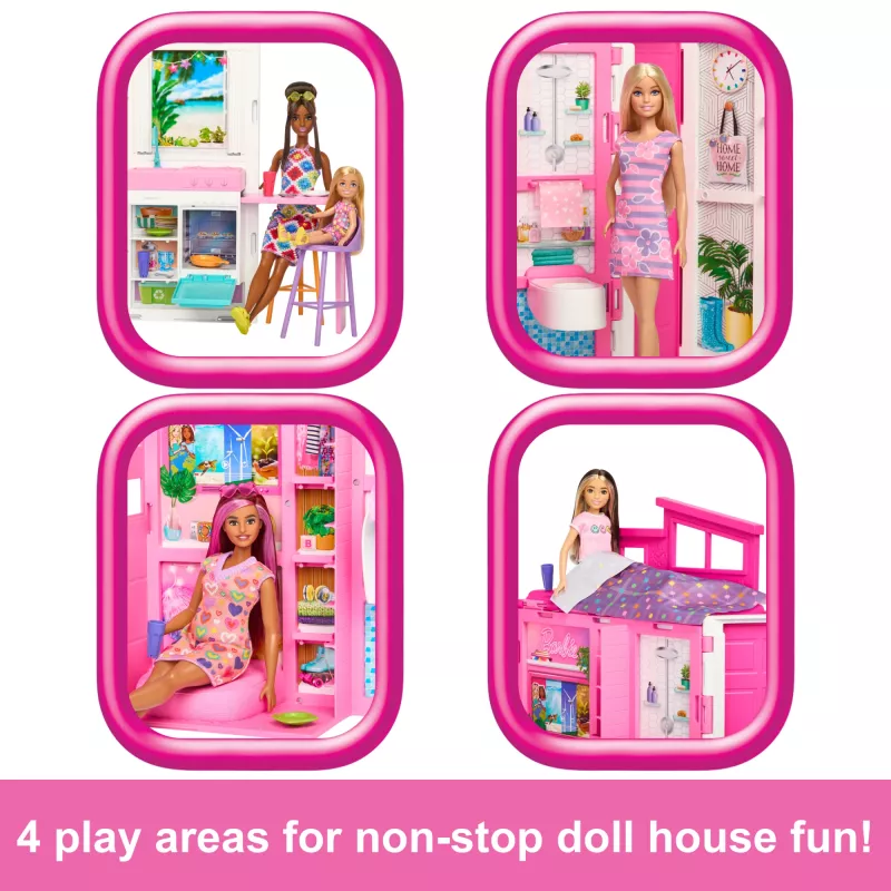 Barbie Getaway Domek dla lalek z lalką, 4 strefy zabawy i 11 akcesoriów dekoracyjnych