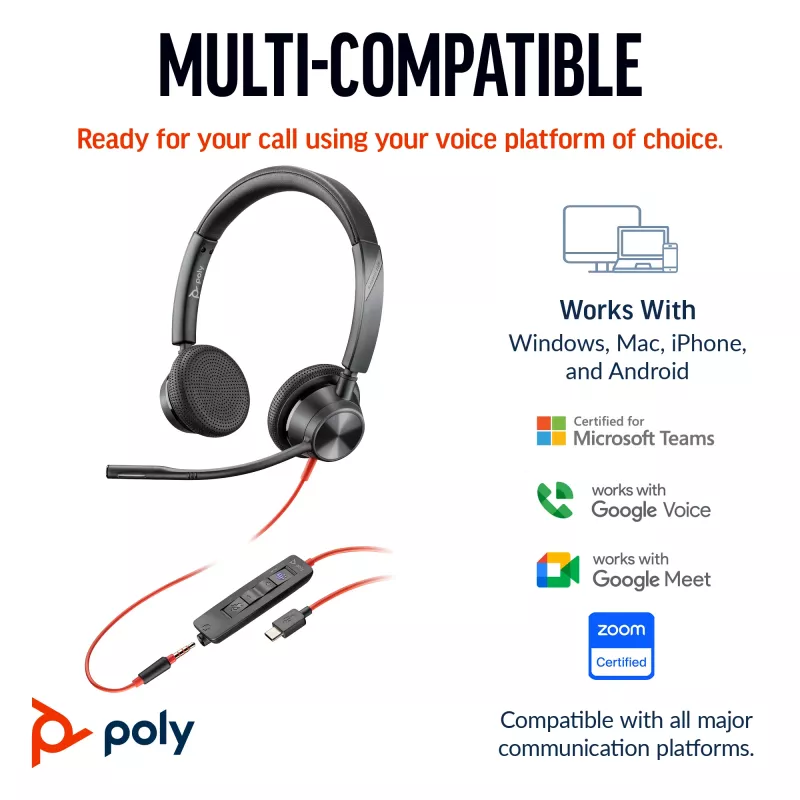 HP Poly Czarnywire 3325 Stereo USB-C Headset +3.5mm Plug +USB-C/A Adapter
