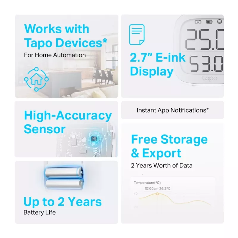 TP-Link Tapo Smart Czujnik Temperatury i Wilgotności, Wewnętrzny, Czujnik temperatury i wilgotności, Wolnostojący, Bezprzewodowy, -20 - 60 °C, 0 - 99%