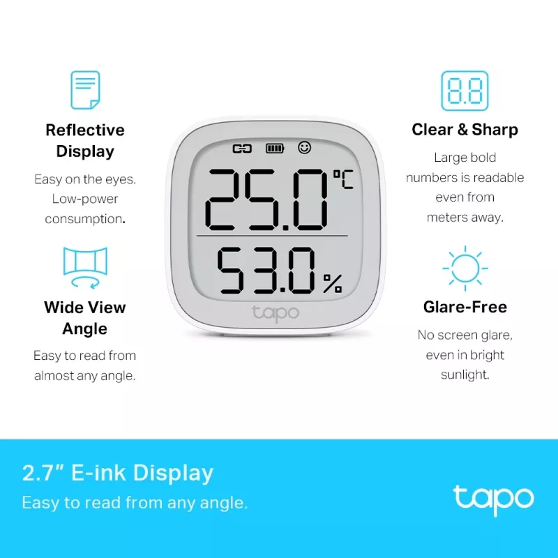 TP-Link Tapo Smart Czujnik Temperatury i Wilgotności, Wewnętrzny, Czujnik temperatury i wilgotności, Wolnostojący, Bezprzewodowy, -20 - 60 °C, 0 - 99%