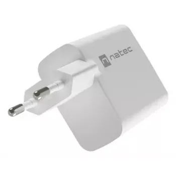 NATEC przewodowa ładowarka sieciowa do urządzeń mobilnych NUC-2142, USB-C PD 3.0 + USB-A, 5–20 V do 3 A, 45 W, biała