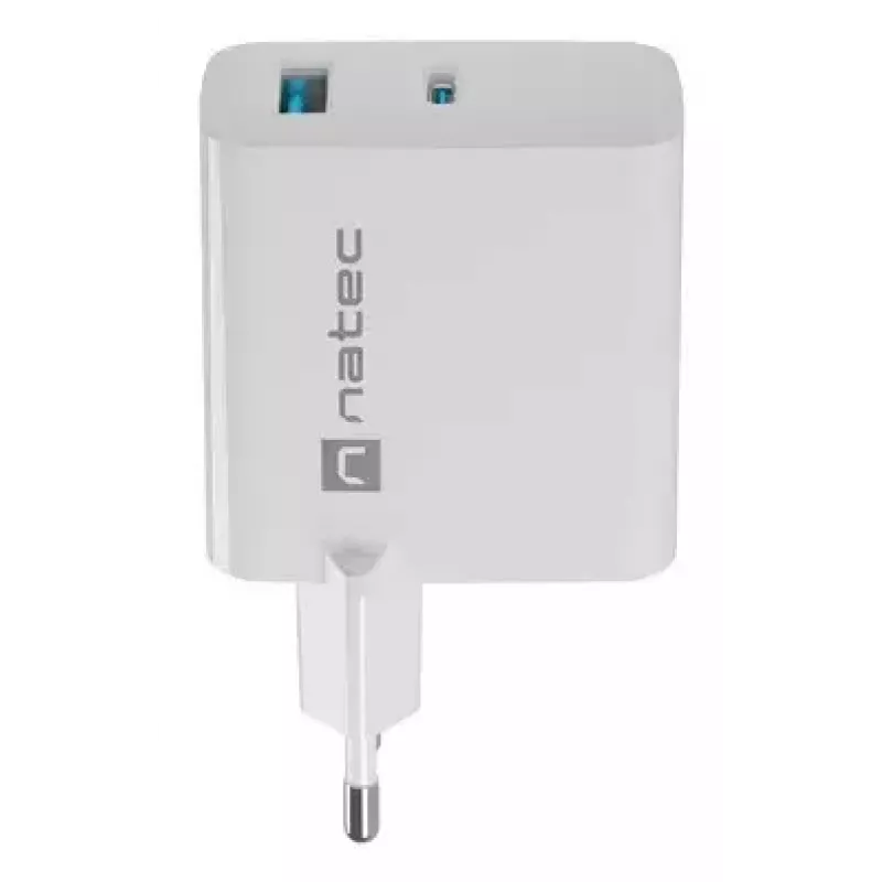 NATEC przewodowa ładowarka sieciowa do urządzeń mobilnych NUC-2142, USB-C PD 3.0 + USB-A, 5–20 V do 3 A, 45 W, biała