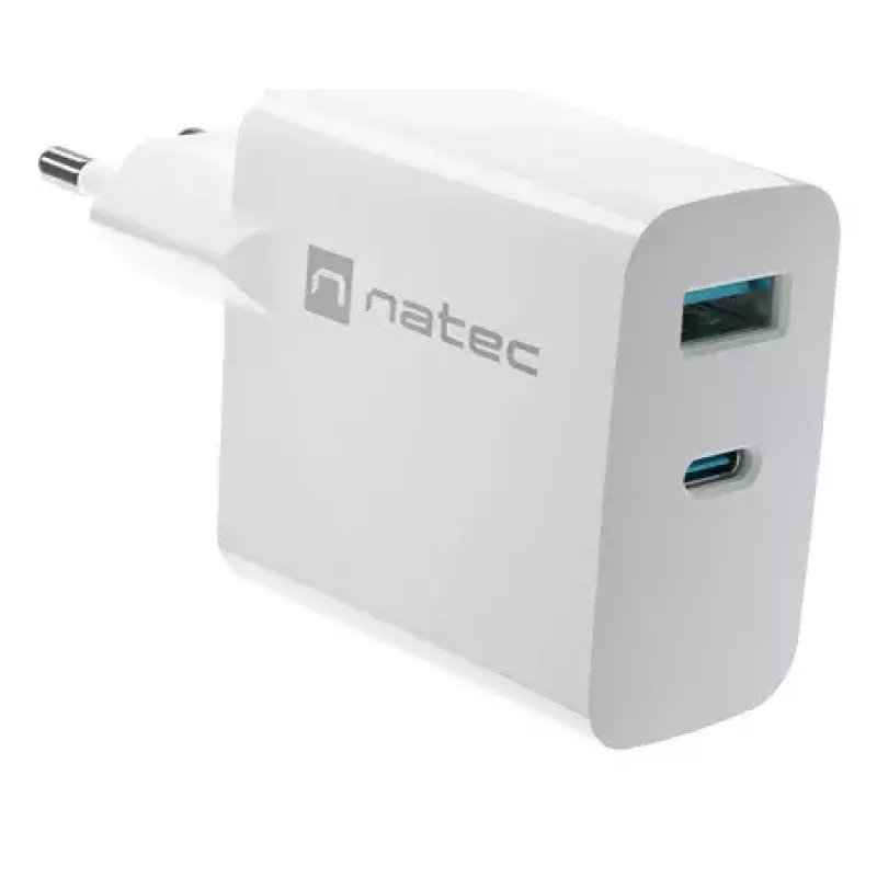 NATEC przewodowa ładowarka sieciowa do urządzeń mobilnych NUC-2142, USB-C PD 3.0 + USB-A, 5–20 V do 3 A, 45 W, biała