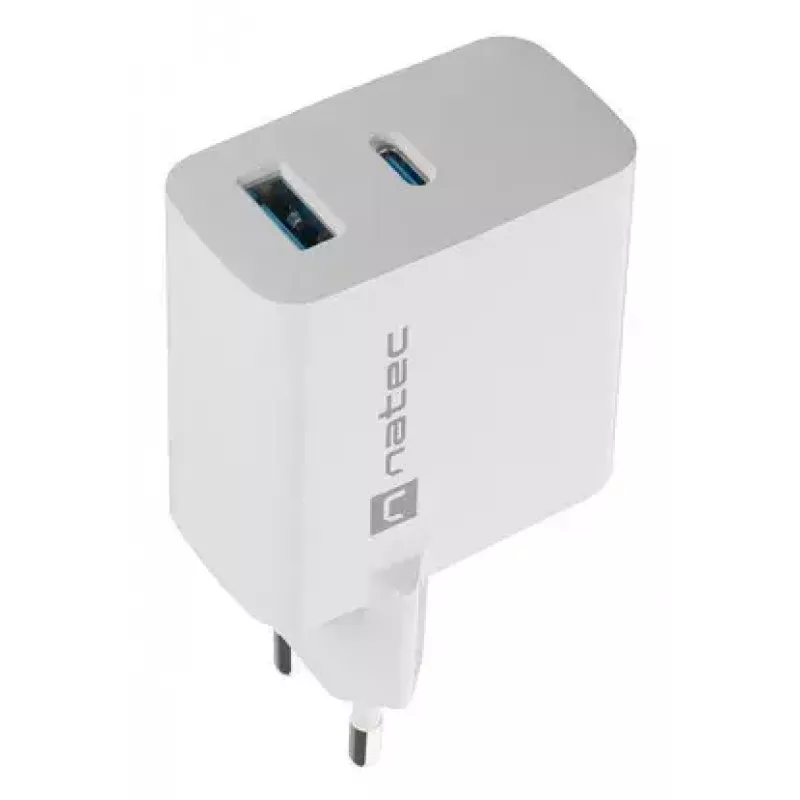 NATEC przewodowa ładowarka sieciowa do urządzeń mobilnych NUC-2142, USB-C PD 3.0 + USB-A, 5–20 V do 3 A, 45 W, biała