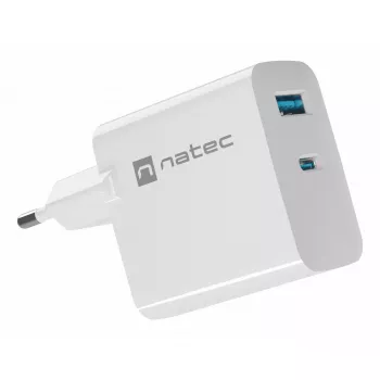 NATEC przewodowa ładowarka sieciowa do urządzeń mobilnych NUC-2142, USB-C PD 3.0 + USB-A, 5–20 V do 3 A, 45 W, biała