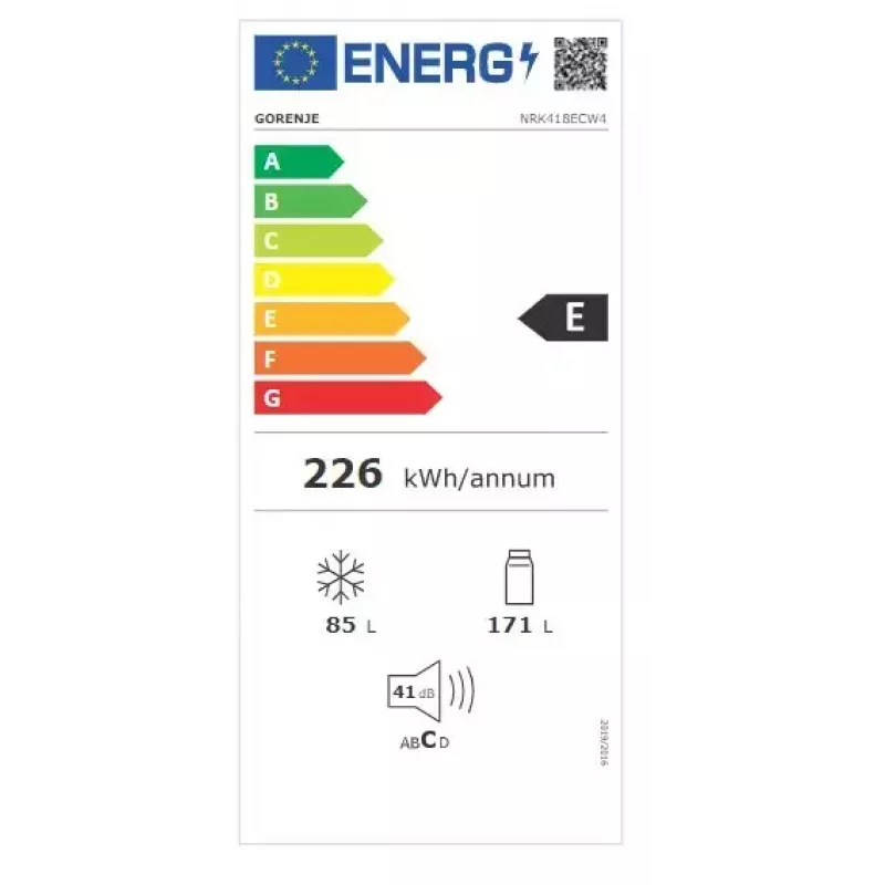 Wolnostojąca lodówka Gorenje NRK418ECW4 — 256 L pojemności całkowitej, 171 L chłodziarka, 85 L zamrażarka, No Frost, Multi-Airflow, biała