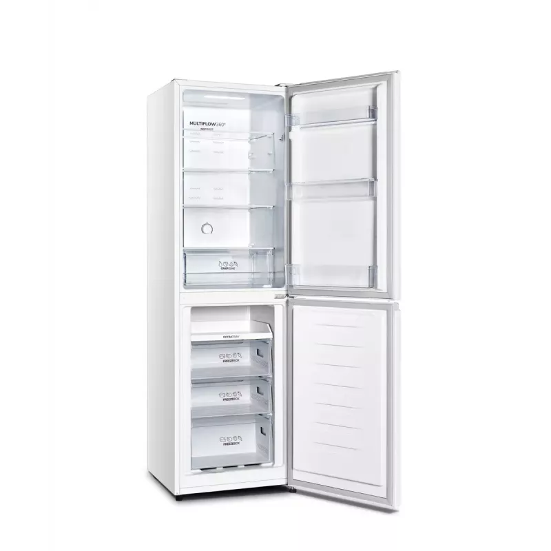 Wolnostojąca lodówka Gorenje NRK418ECW4 — 256 L pojemności całkowitej, 171 L chłodziarka, 85 L zamrażarka, No Frost, Multi-Airflow, biała