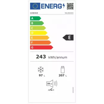Wolnostojąca chłodziarko-zamrażarka Gorenje N619EAW4 — całkowita pojemność 304 l (207 l chłodziarka, 97 l zamrażarka), No Frost, wyświetlacz LED, zawias prawy, 39 dB