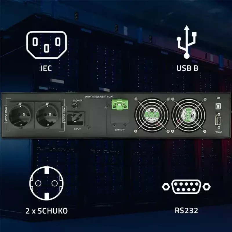 Rack UPS QOLTEC 52286 2 kVA (2000 W) Power Factor 1.0, rack-mountable
