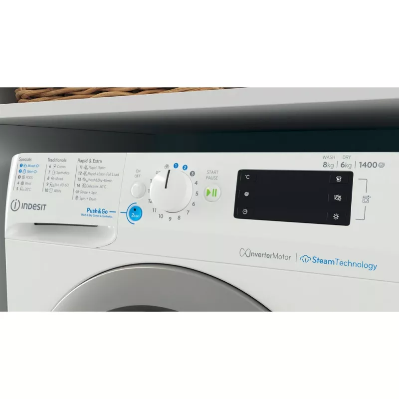Pralko-suszarka Indesit BDE 86436 WSV EE — 6 kg, 1400 obr./min, biała, 595×540×850 mm