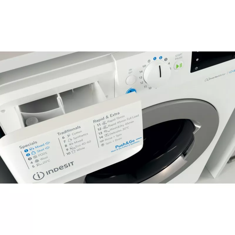 Pralko-suszarka Indesit BDE 86436 WSV EE — 6 kg, 1400 obr./min, biała, 595×540×850 mm
