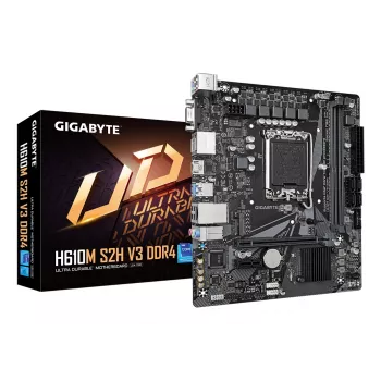Płyta główna GIGABYTE H610M S2H V3 DDR4 – obsługa procesorów Intel Core 14. generacji, hybrydowa cyfrowa sekcja zasilania 4+1+1, pamięć DDR4 do 3200 MHz, 1xPCIe 3.0 M.2, sieć LAN GbE, USB 3.2 Gen 1