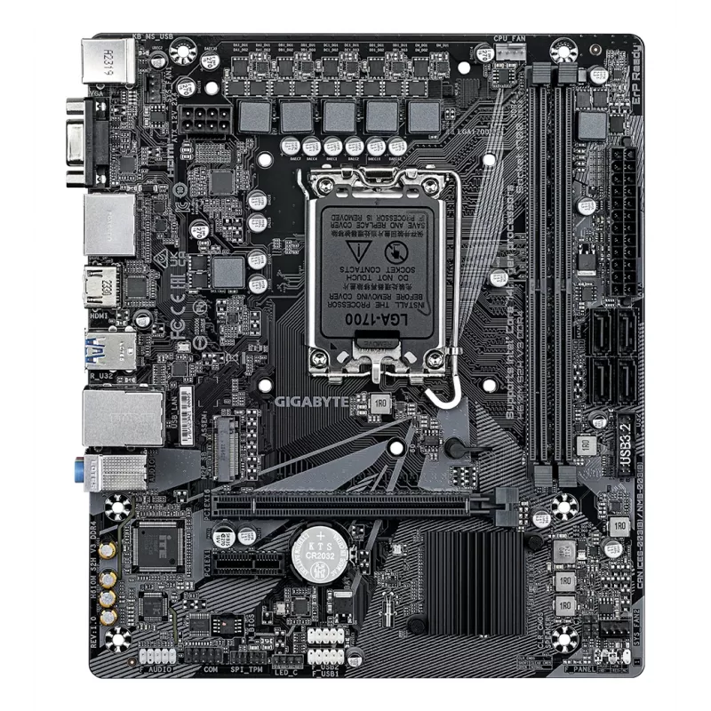 Płyta główna GIGABYTE H610M S2H V3 DDR4 – obsługa procesorów Intel Core 14. generacji, hybrydowa cyfrowa sekcja zasilania 4+1+1, pamięć DDR4 do 3200 MHz, 1xPCIe 3.0 M.2, sieć LAN GbE, USB 3.2 Gen 1