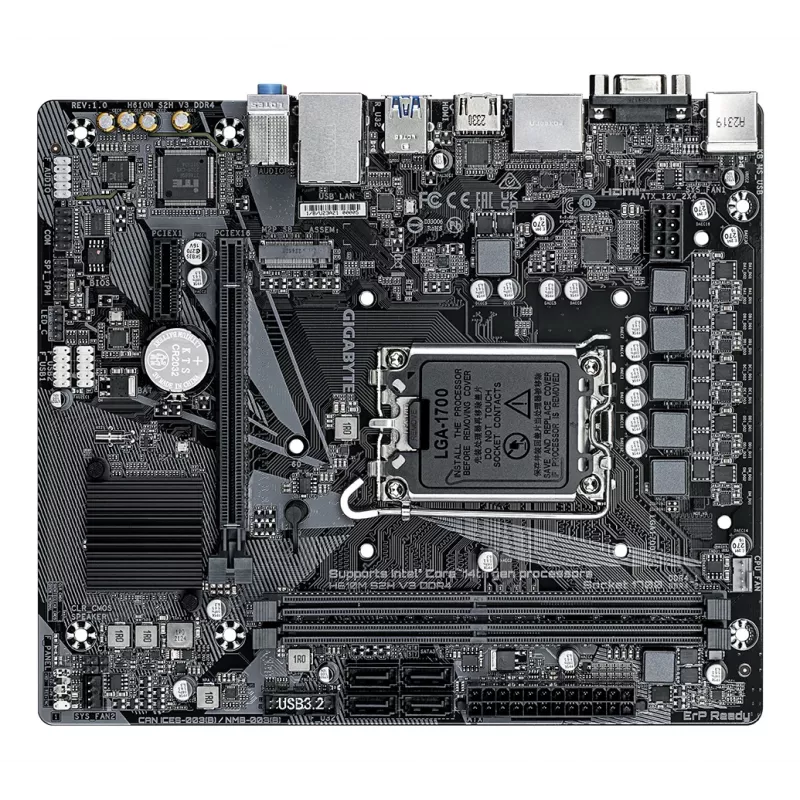 Płyta główna GIGABYTE H610M S2H V3 DDR4 – obsługa procesorów Intel Core 14. generacji, hybrydowa cyfrowa sekcja zasilania 4+1+1, pamięć DDR4 do 3200 MHz, 1xPCIe 3.0 M.2, sieć LAN GbE, USB 3.2 Gen 1